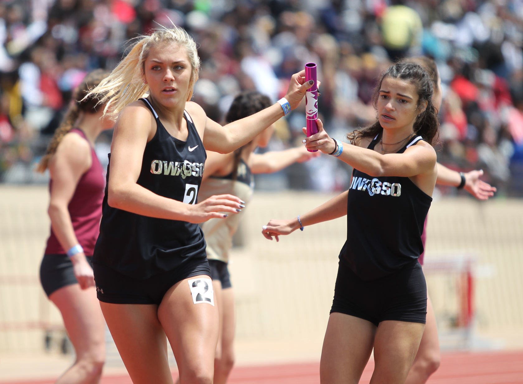 First team, relays: Brianna Hayes, Broken Arrow; Zoie Kiddy, Kiefer; Avery Mazzei, Jenks; Sierra Williams, Owasso (pictured at right)